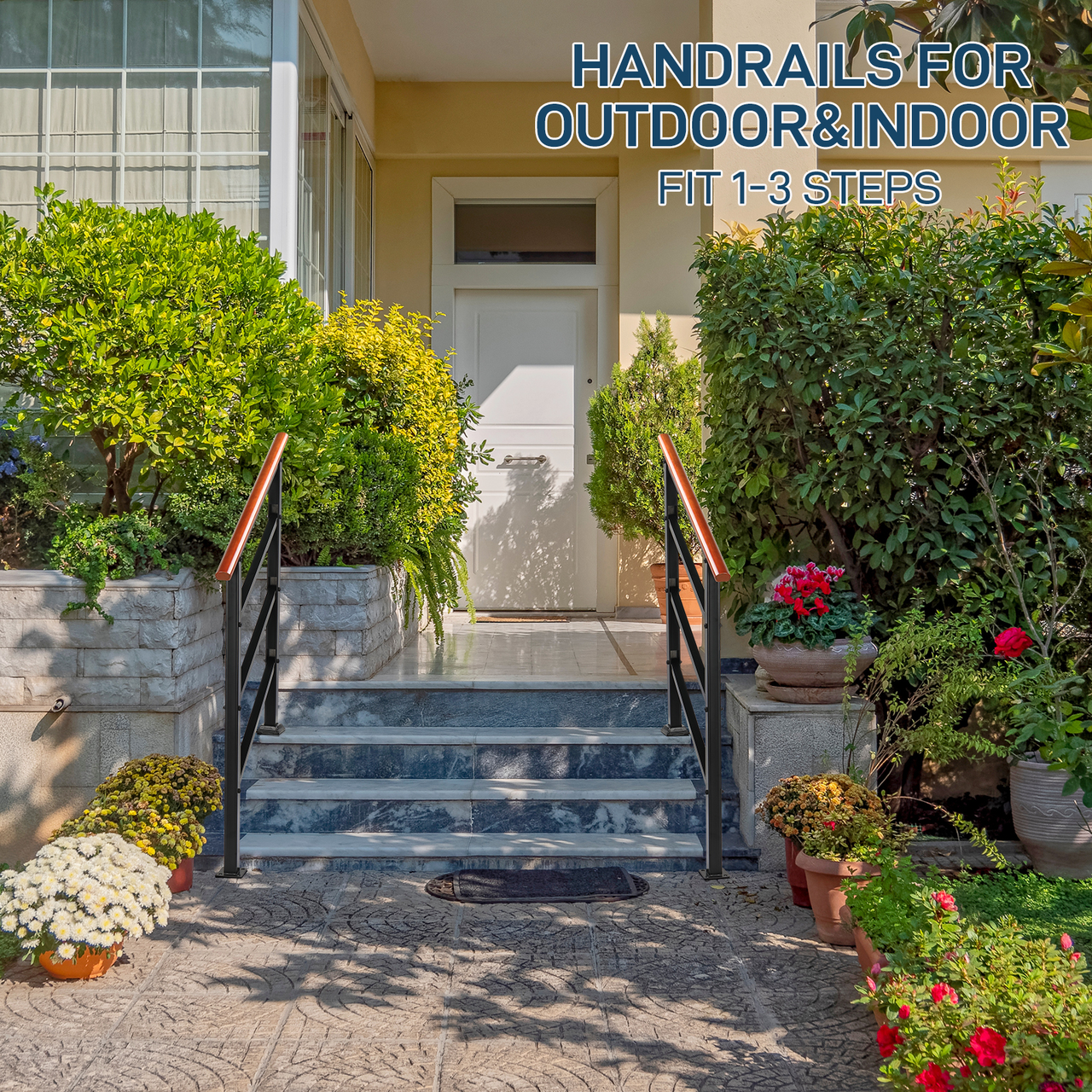 【Replace 80617397】Handrails for Outdoor Steps, Wrought Iron Solid Wood Hand Railing for Concrete Steps, Porch Steps, Wooden Steps, Fits 1 to 3 Steps
