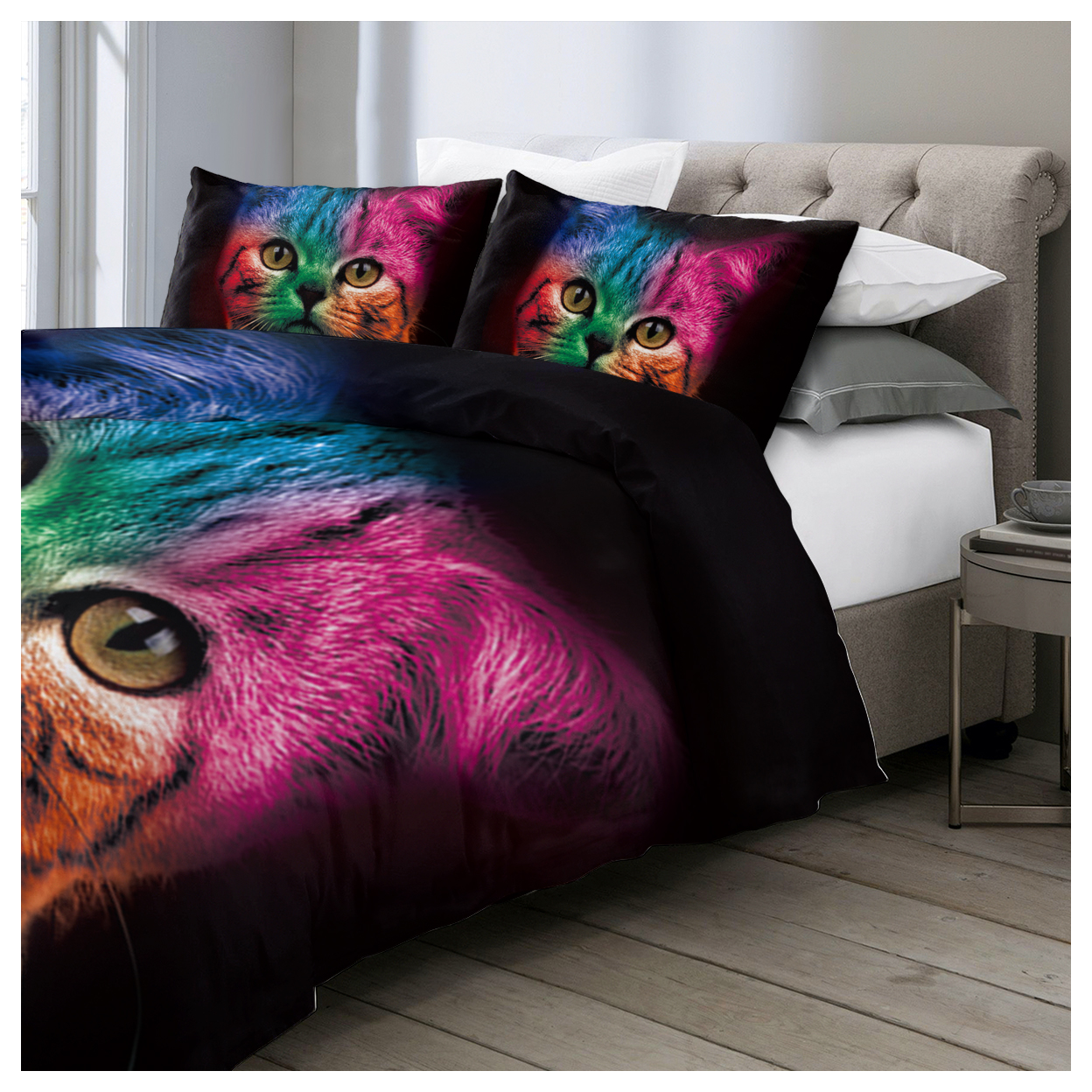 Cat Bedding for Kids Girls Boys Cute Colorful Cat Pattern Quilt Cover Bedspread 3 Piece Bold Color Black Animal Duvet Cover Set for Single Bed