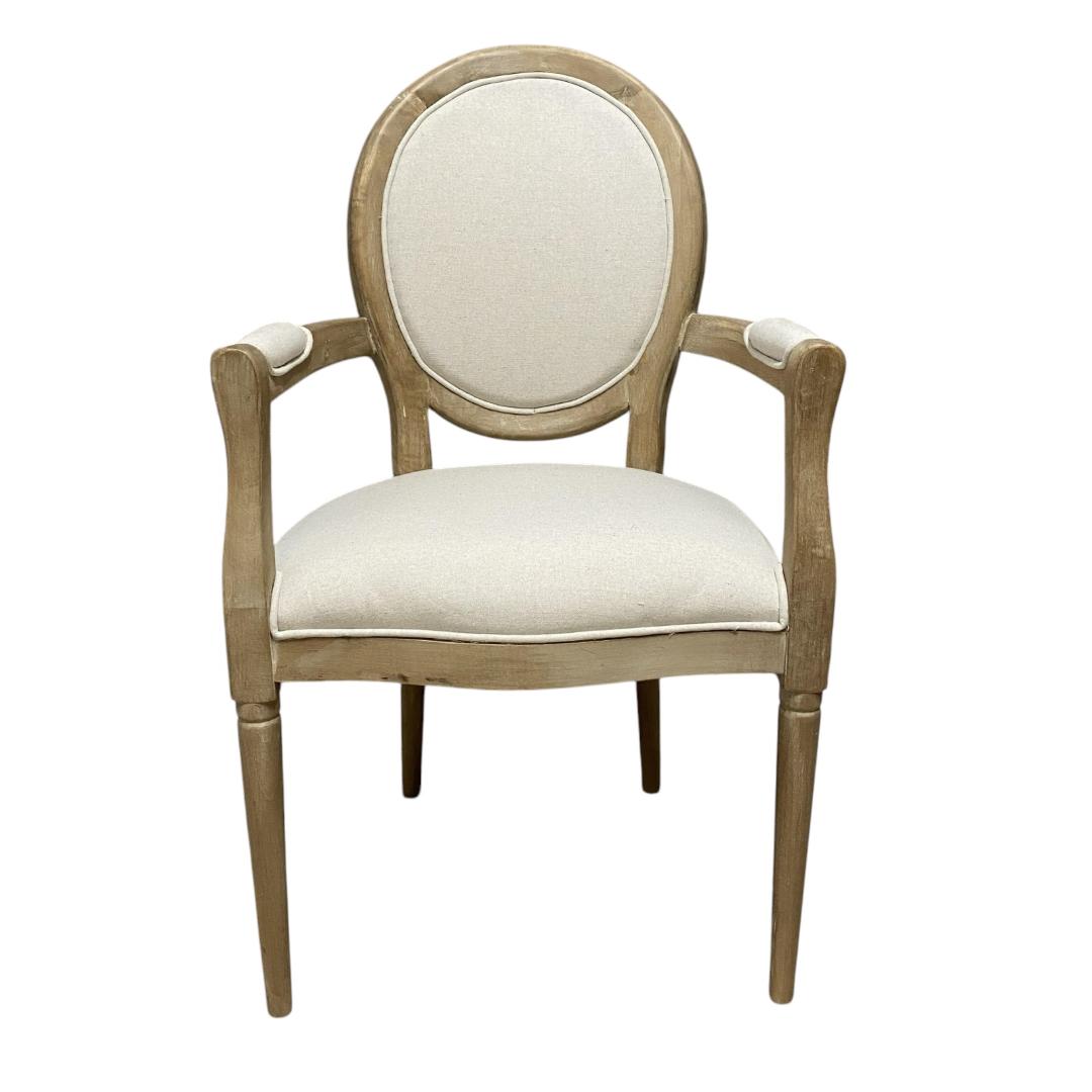 Elegant and Comfortable 94CM Louis Style Cream Linen Armchair - Oak/Grey Frame French Style Dining Chair with High Back Design for Modern Home Décor or Dining Spaces (Oak Frame Cream Linen)
