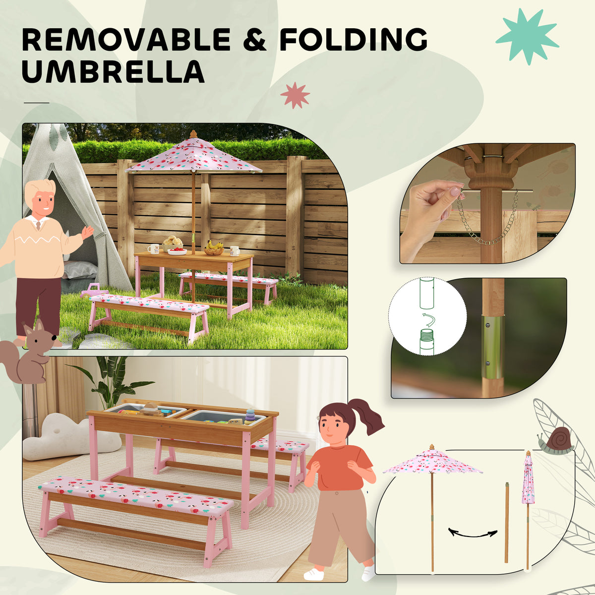 AIYAPLAY Kids Picnic Table Set with Removable & Foldable Umbrella, Storage Boxes, Flamingo Theme, Pink