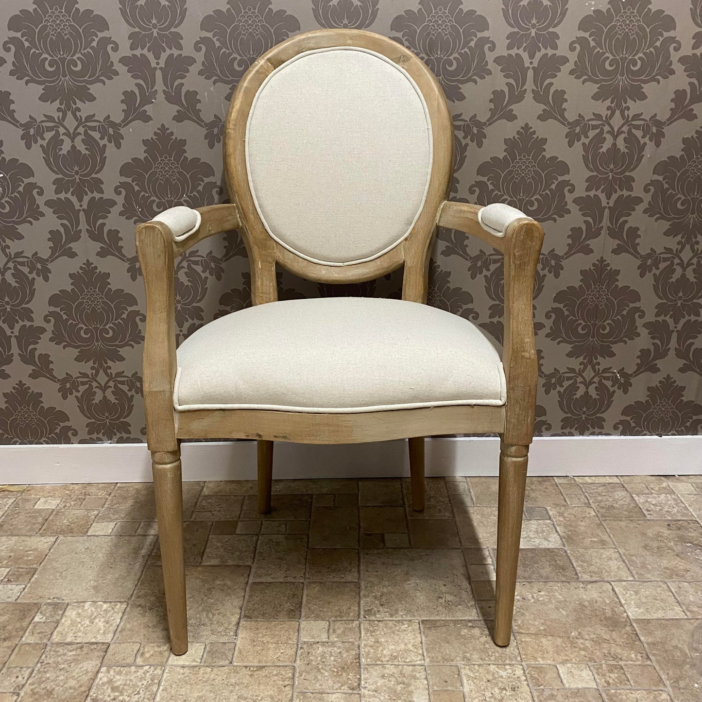 Elegant and Comfortable 94CM Louis Style Cream Linen Armchair - Oak/Grey Frame French Style Dining Chair with High Back Design for Modern Home Décor or Dining Spaces (Oak Frame Cream Linen)