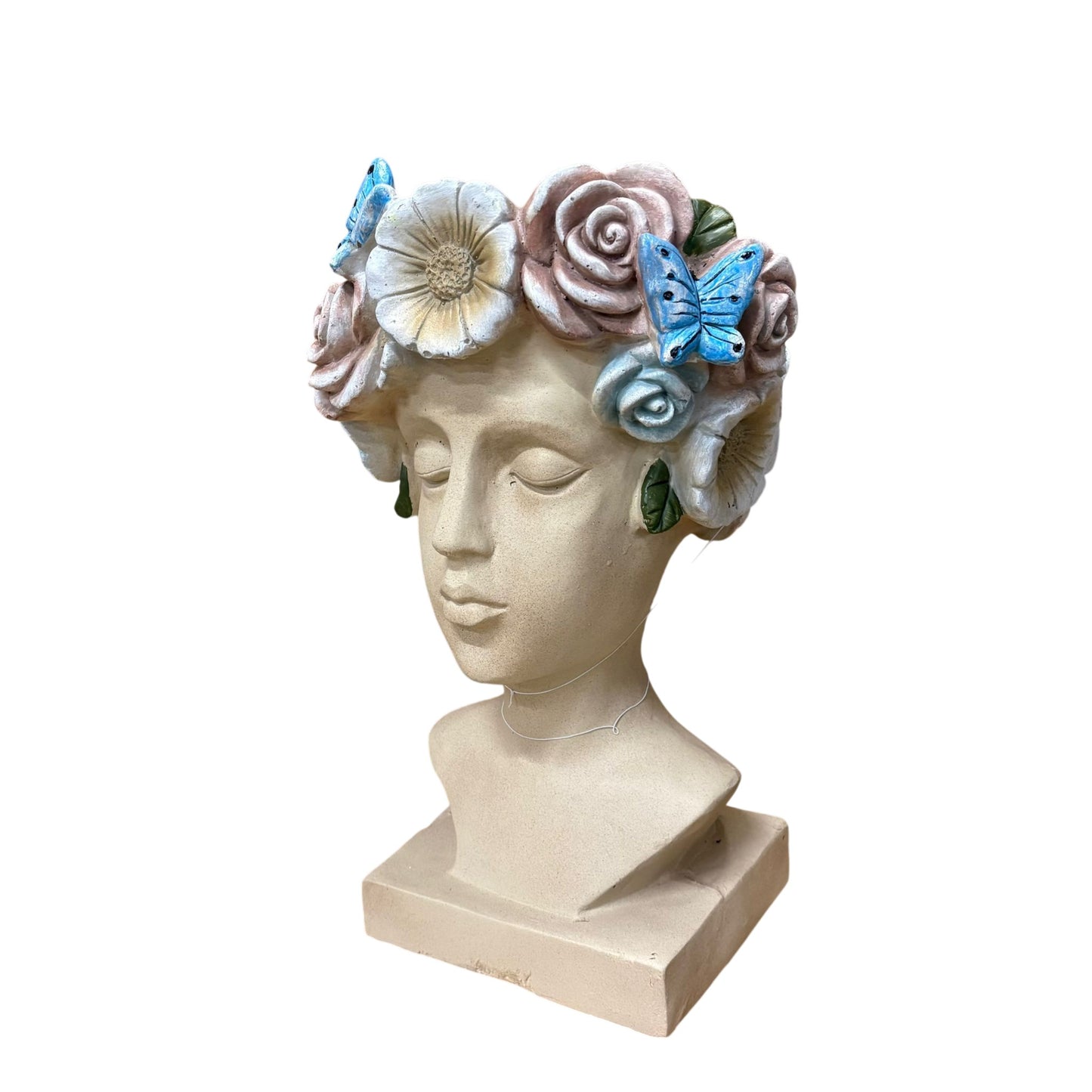 AcaciaHome Modern 42cm Fibreglass Easter Island TIKI Lady Head Planter, Unique Floral & Butterfly Plant Pot, Durable Weather-Resistant Indoor Outdoor Use for Patio Balcony Living Room (Multicolour)