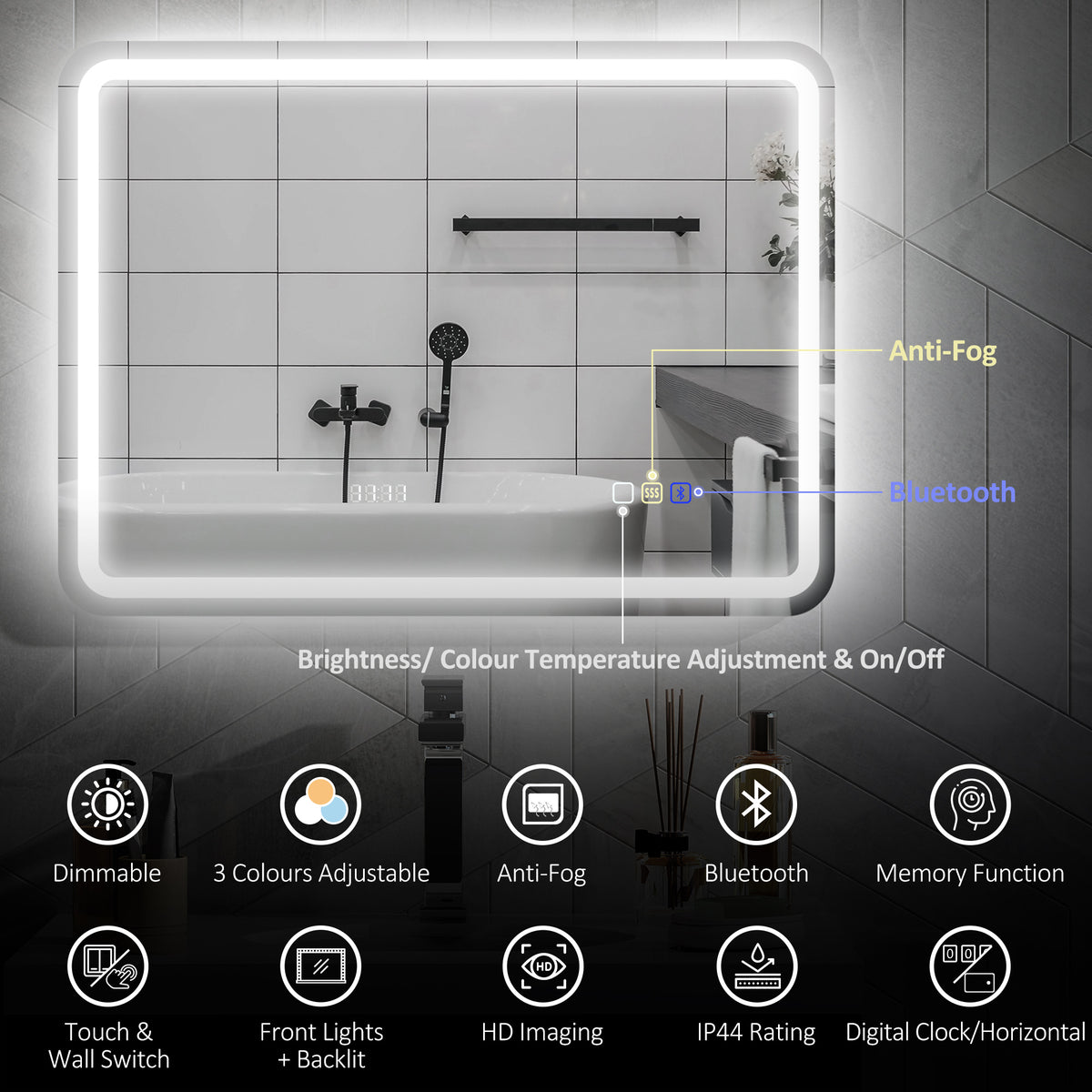HOMCOM 80 x 60 cm Bluetooth Bathroom Mirror - Silver-Tone