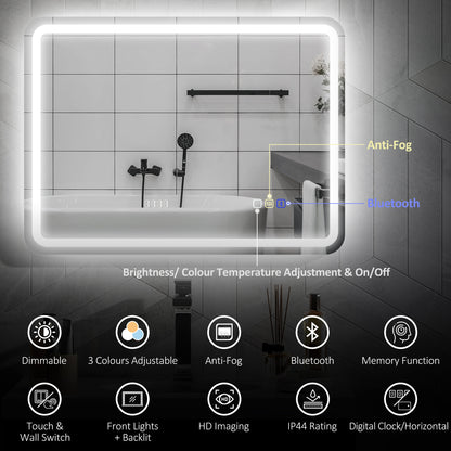 HOMCOM 80 x 60 cm Bluetooth Bathroom Mirror - Silver-Tone