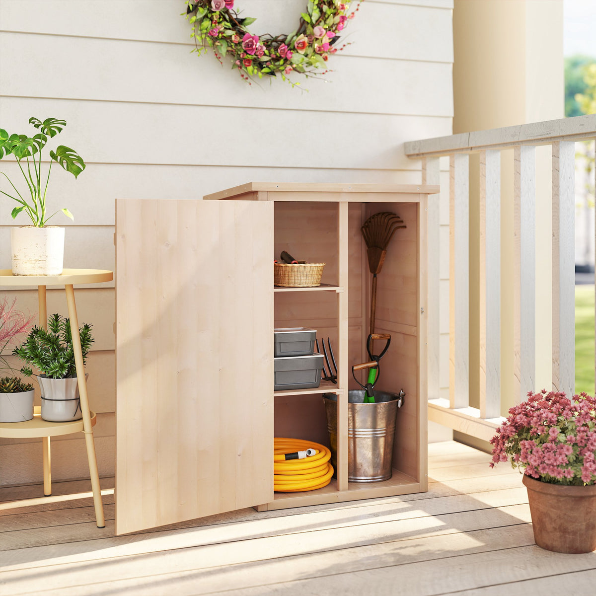 Outsunny Wooden Small Shed, Garden Storage Shed with Shelves and Bolt Latch, 75L x 56W x115H cm, Natural