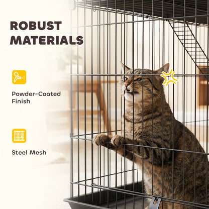 PawHut 3-Tier Large Cat Cage Indoor, Detachable Metal Wire Kennel with Hammock, Platforms, Tray and Cushions for 1-2 Kittens