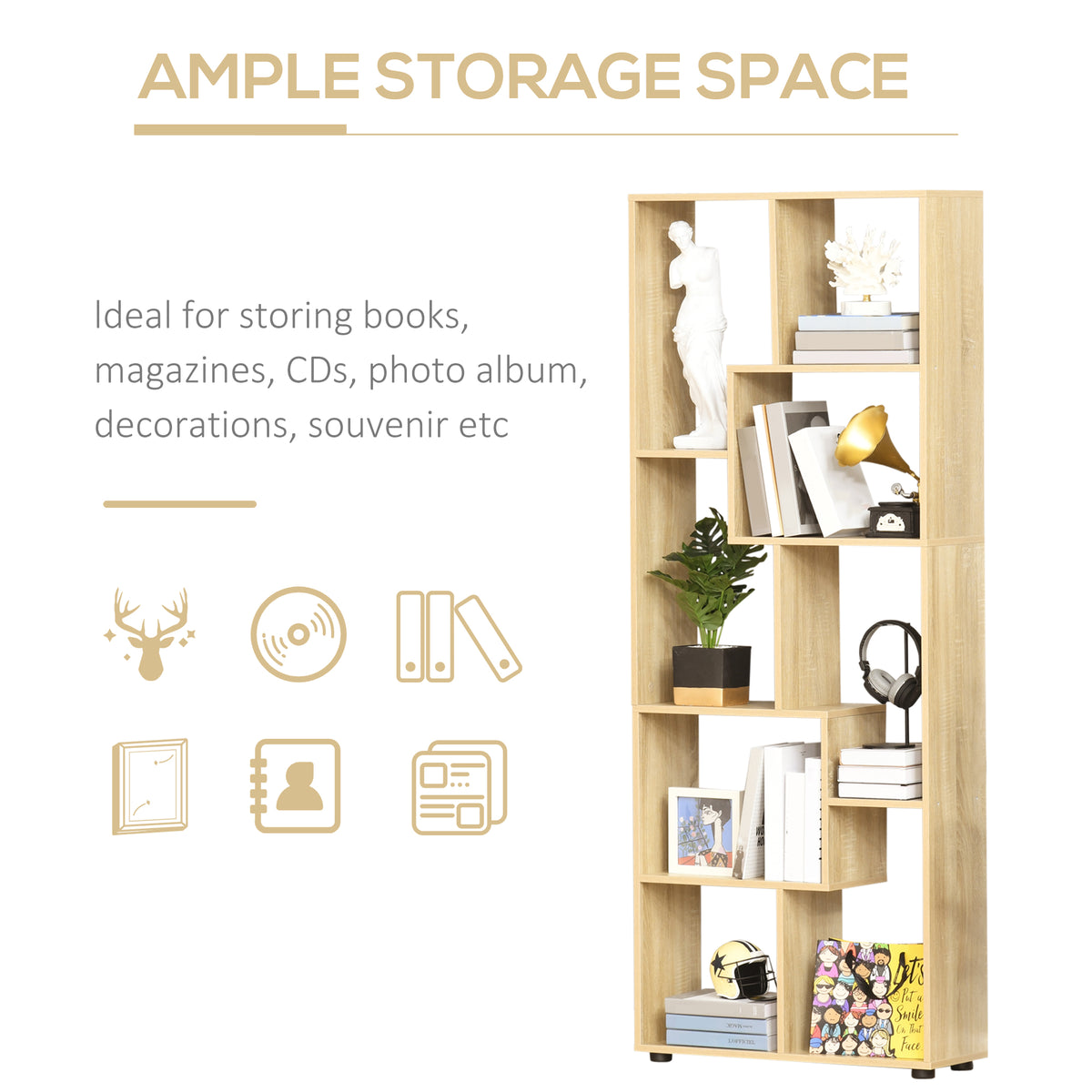 HOMCOM Bookshelf, Tall Bookcase, Modern Room Divider, 8 Cube Storage Unit, Freestanding Storage Shelf for Living Room, Bedroom, Home Office, 70 x 24 x 178 cm, Natural