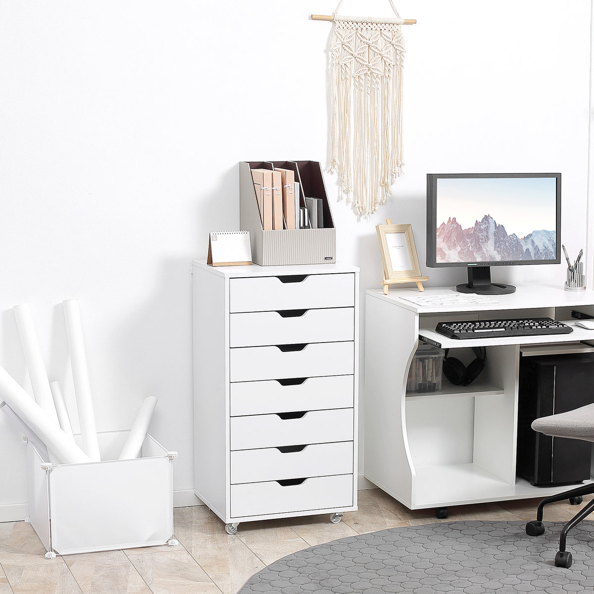 Vinsetto Seven-Drawer Filing Cabinet, with Wheels - White