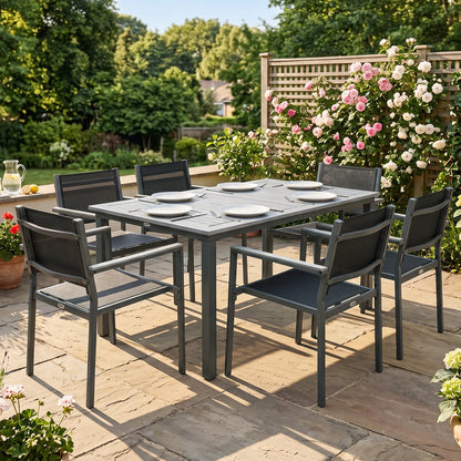 Outsunny Garden Dining Set with Acacia Wood Table Top, Outdoor Table and Stackable Chairs Set for 6 with Texteline Seat, Grey