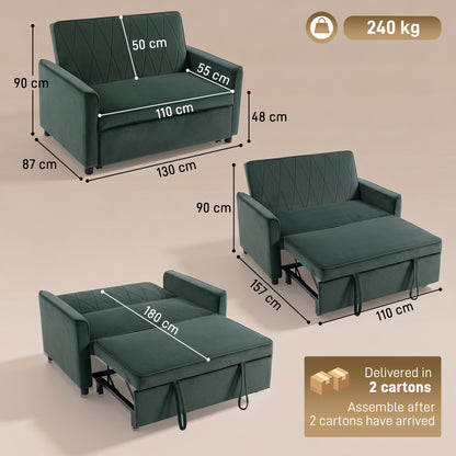HOMCOM 2 Seater Sofa Bed, 3-in-1 Convertible Pull Out Sleeper Sofa with Click-Clack Adjustable Backrest, Dark Green