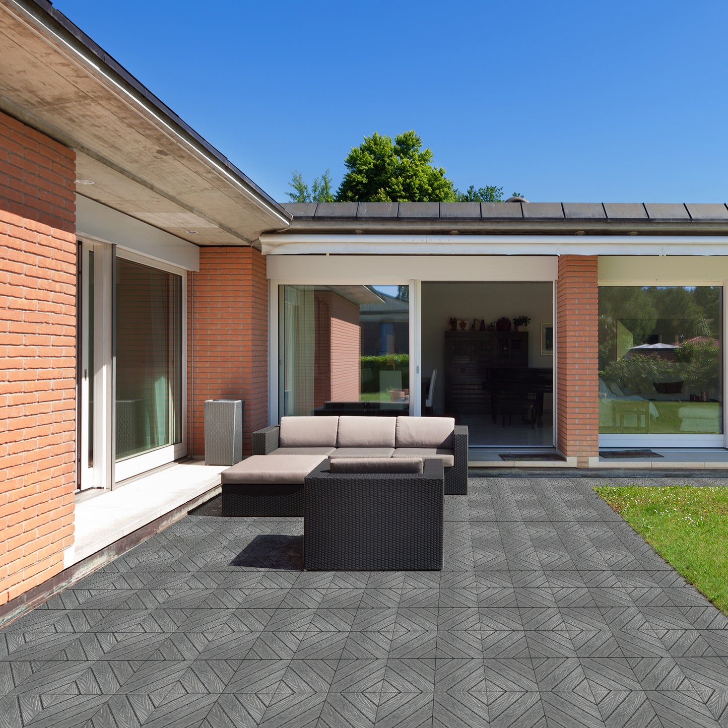 Plastic Interlocking Deck Tiles, 9 Pack, 11.8"x11.8" Waterproof Flooring Tiles for Indoor and Outdoor, Patio Floor Decking Tiles for Porch Poolside Balcony Backyard, Dark Grey