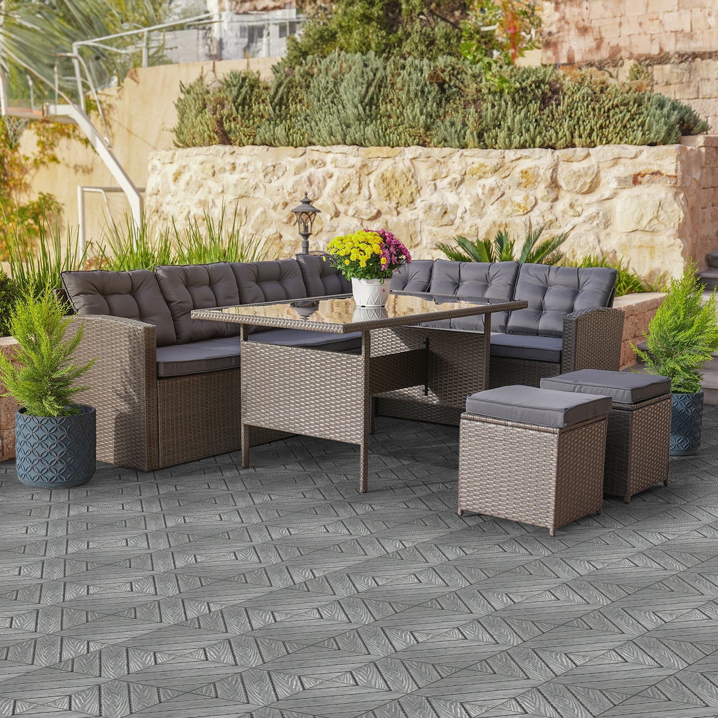 Plastic Interlocking Deck Tiles, 9 Pack, 11.8"x11.8" Waterproof Flooring Tiles for Indoor and Outdoor, Patio Floor Decking Tiles for Porch Poolside Balcony Backyard, Dark Grey