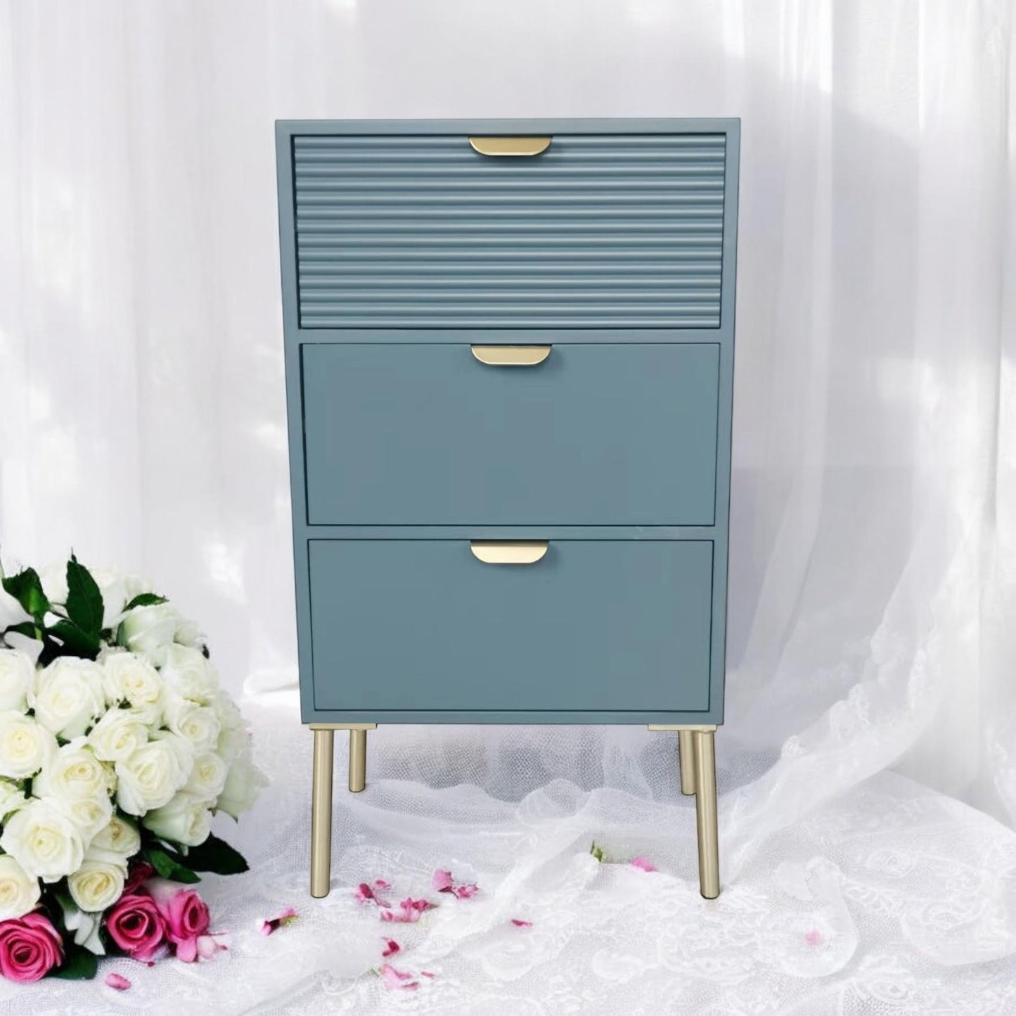 AcaciaHome Durable and Functional Wooden 3 Drawer Chest – Compact Storage Solution with 3-drawer chest, pine top, metal handles, and ample storage in a sleek for modern bedrooms (Blue)
