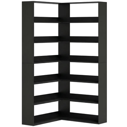 HOMCOM 7 Tiers Bookshelf, L-Shaped Corner Bookcase with Anti-Slip Rear Guard, Black Wood Effect