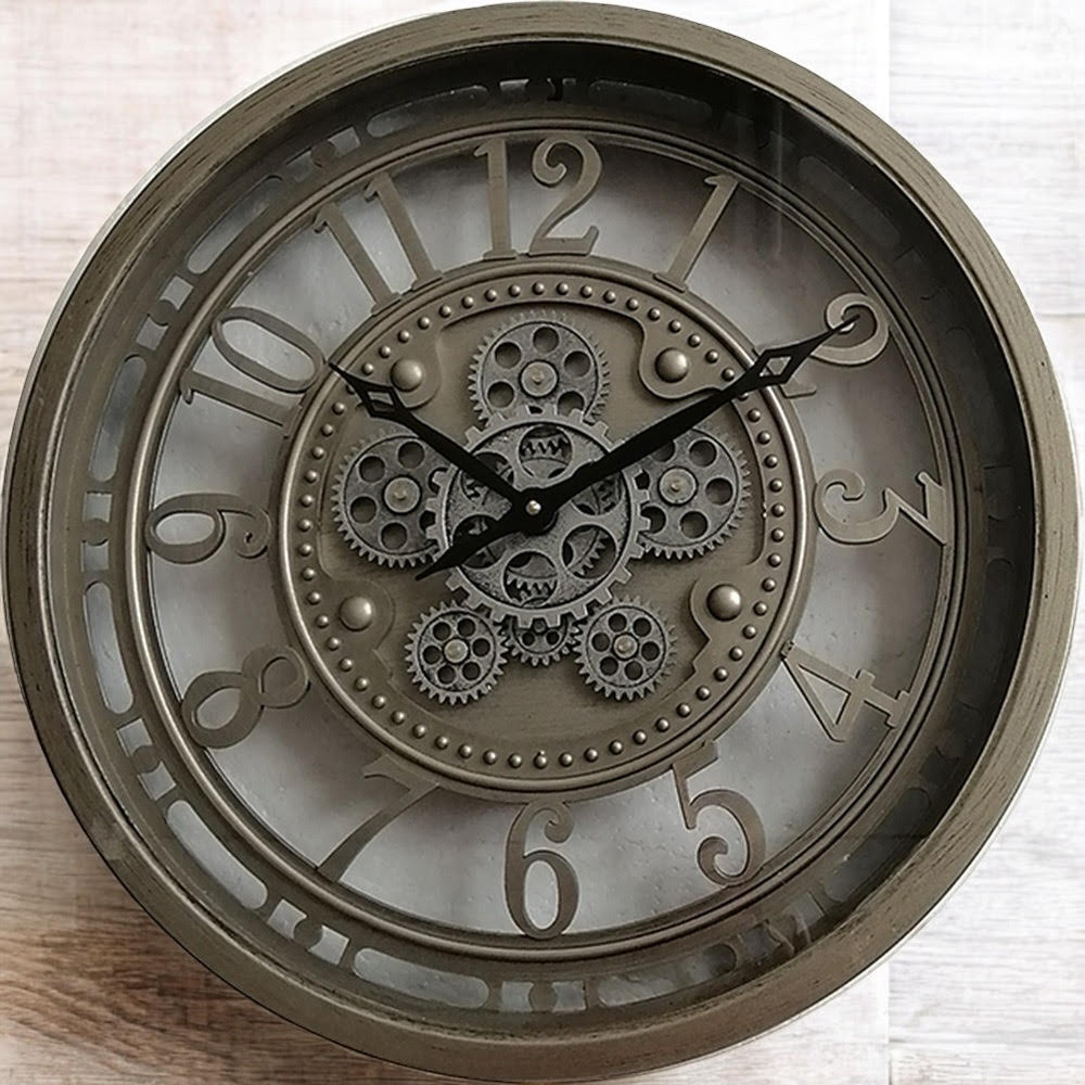 Stylish & Premium Elegant Wall Clock with Moving Gears - Round Metal Frame, Art Deco Style, Quartz Battery Movement for Dining Room, Living Rooms, Office, or Home Office Décor. (Grey Globe 46cm)