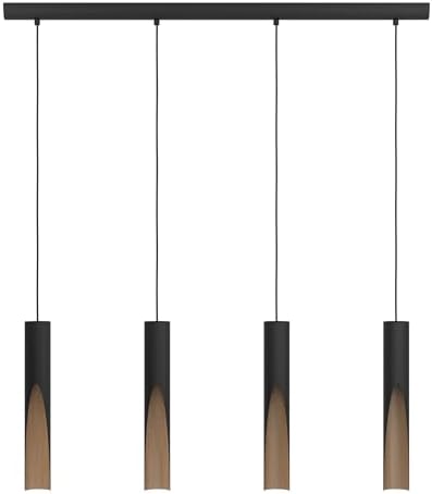 Eglo LED Pendant light Barbotto, 3 lamp ceiling light fitting with indirect lighting, hanging lamp for dining and living room, metal in black and wood effect, GU10 bulb, warm white