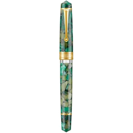 Asvine P20 Piston Fountain Pen Green Marble Acrylic, Medium Nib Gold Trim Smooth Writer Collection with Case Set