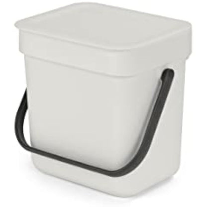 Brabantia - Sort & Go Waste Bin 3L - Small Recycling Bin - Stay Open Lid - Carry Handle - Easy to Clean - for Worktop or Under Kitchen Counter - Food Waste Caddy - Light Grey - 19 x 14 x 18 cm