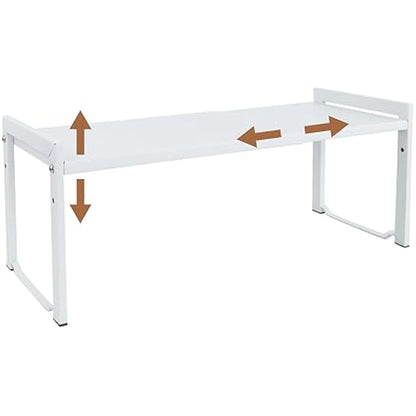Goodsnetic Expandable Cabinet Shelf 13.8~26"(L), Stackable Kitchen Counter Organizer, 33LBS Heavy Duty Riser, Countertop Storage Pantry ， Durable Metal Sink Shelf (White L)