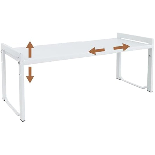 Goodsnetic Expandable Cabinet Shelf 13.8~26"(L), Stackable Kitchen Counter Organizer, 33LBS Heavy Duty Riser, Countertop Storage Pantry ， Durable Metal Sink Shelf (White L)