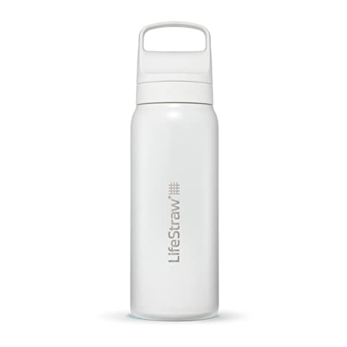 LifeStraw Go Series — Insulated Stainless Steel Water Filter Bottle for Travel and Everyday Use Removes Bacteria, Parasites and Microplastics, Improves Taste, 24oz Polar White