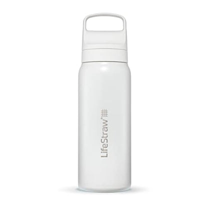 LifeStraw Go Series — Insulated Stainless Steel Water Filter Bottle for Travel and Everyday Use Removes Bacteria, Parasites and Microplastics, Improves Taste, 24oz Polar White
