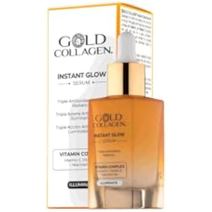 GOLD COLLAGEN Instant Glow - Vitamin C, Vitamin E, Glycerine & Niacinamide Serum Pore Minimizer & Moisturiser Skincare, Anti Aging Face Serum Against Wrinkles, Triple Antioxidant Action Skin Care 30ml