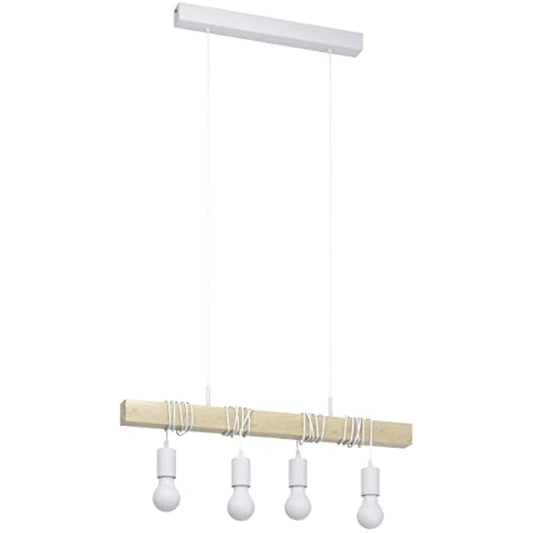 Eglo Townshend Pendant Lamp, 4 Bulbs Vintage Pendant Light in Industrial Design, Retro Hanging Lamp Made of Steel and Wood, Colour: White, Brown, Socket: E27