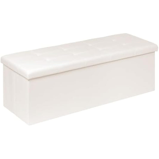 Bonlife Folding Ottoman Storage Bench with Cushion Kids Toy Box Cube Foot Stool Faux Leather Large Storage boxes with Lid,White,110 x 38 x 38 cm