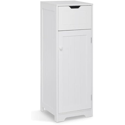 Mondeer Bathroom Floor Cabinet, Storage Unit With 1 Drawer 1 Door 2 Shelves, 32x30x87cm White MDF Painted Wood Free Standing Cupboard for Bathroom Living Room Porch