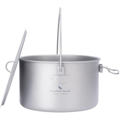 iBasingo 1.95L Camping Titanium Pot Cookware Hanging Stockpot Outdoor Small Bowl Cup Lightweight Hiking Picnic Portable Campfire Cooking Kit Travel 1 Person Kitchenware Tableware Mess Kit Ti2044C