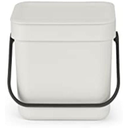 Brabantia - Sort & Go Waste Bin 3L - Small Recycling Bin - Stay Open Lid - Carry Handle - Easy to Clean - for Worktop or Under Kitchen Counter - Food Waste Caddy - Light Grey - 19 x 14 x 18 cm