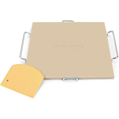 Unicook 30.5 x 30.5 cm Pizza Stone for Oven and Grill, Oven Baking Stone for Bread, Cordierite Pizza Pan for Baking Crispy Bread, Pie and Cookies, Includes Carry Rack and Dough Scraper