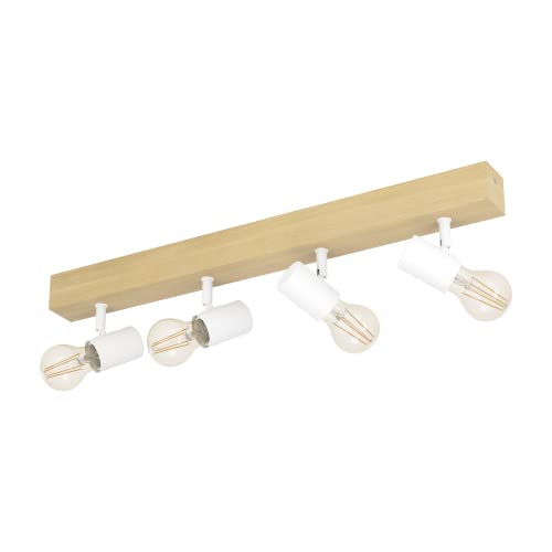 EGLO Townshend 3 ceiling lamp, 4 flame vintage ceiling spot in industrial design, retro lamp made of steel and wood, white, brown, E27 socket