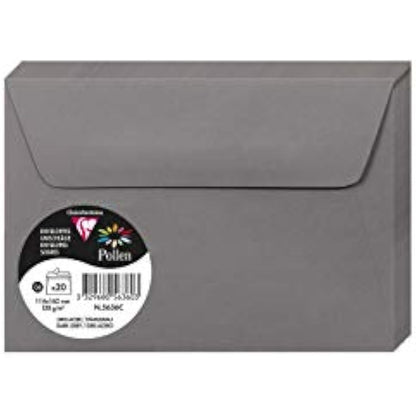 Clairefontaine - Ref 5636C - Pollen Adhesive Envelopes (Pack of 20) - C6 Sized, 120gsm Paper, Printer-Compatible, Acid Free, Adhesive Strip for Easy Seal - Dark Grey