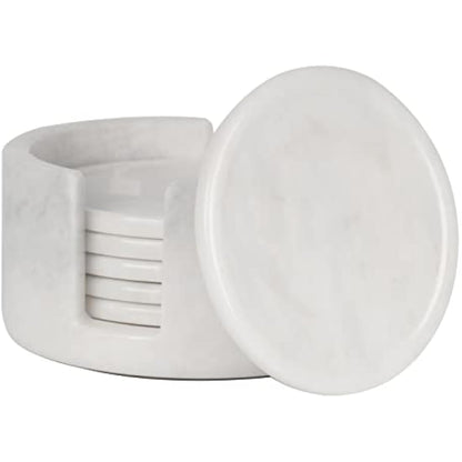 Radicaln Marble Coasters for Drinks - 3.5 Inch Set of 6 White Round Coasters with Holder - Perfect for Coffee Table & Home Office