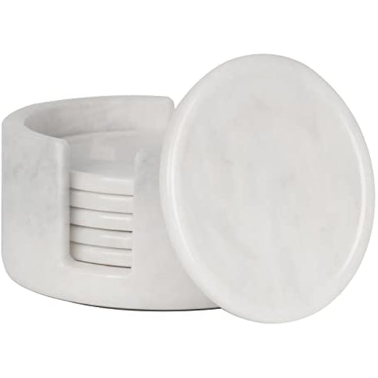 Radicaln Marble Coasters for Drinks - 3.5 Inch Set of 6 White Round Coasters with Holder - Perfect for Coffee Table & Home Office