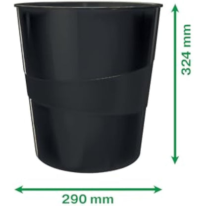 Leitz Waste Paper Bin, 15L Capacity, 100% Recyclable, Blue Angel Certfied, Recycle Range, Black, 53280095