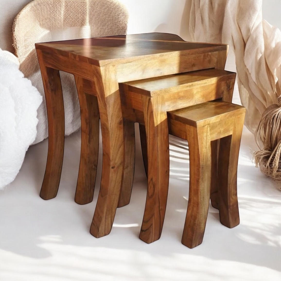 AcaciaHome Durable and Stylish 45CM Set of 3 Nesting Tables - Compact, Sturdy, and Elegant Wood Design for Space-Saving Solutions - Perfect for Living Rooms, Bedrooms, and Offices (50CM)