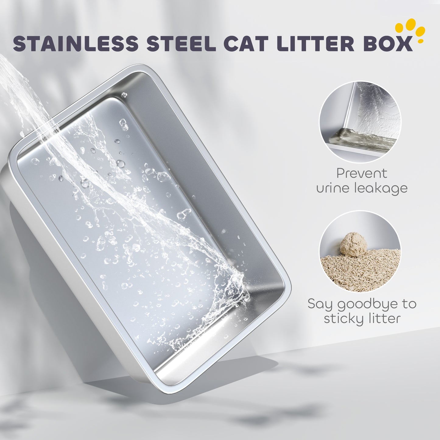 PawHut Stainless Steel Cat Litter Box with Removable Lid & Scoop, White
