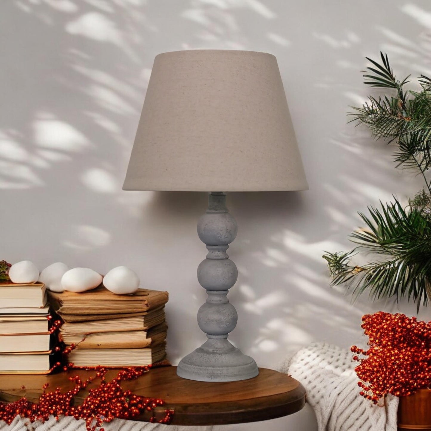 AcaciaHome Modern Tall Wooden Washed Table Lamp - Traditional Shabby Chic Design with Taupe Linen Shade, Wood Effect Finish for Living Rooms, Bedrooms, or Hallways Decor (31cm Grey with Cream Shade)