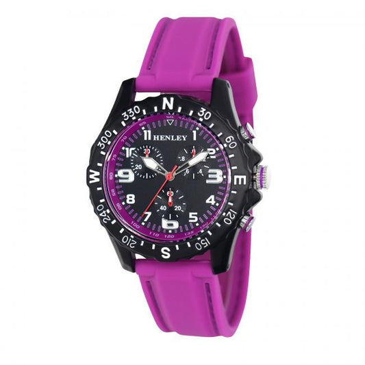 Henley Ladies Round Matt black sports dial Purple Silicone Strap Watch H06182.7