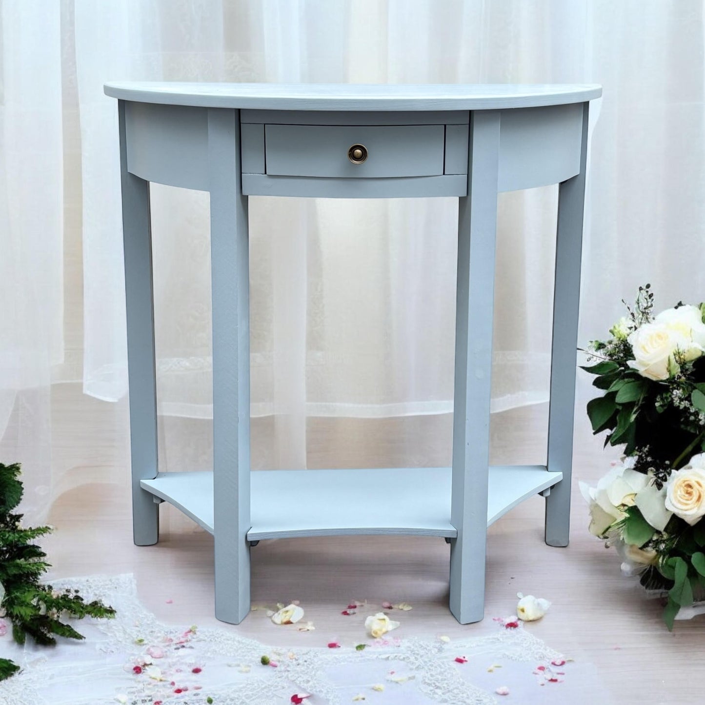 AcaciaHome Modern and Stylish 1 Drawer Semicircle Design Console Table - Art Deco Style with Storage, Medium Wood Tone, and Satin Knob Handle for Home, Office, or Living Spaces (Sky Blue)