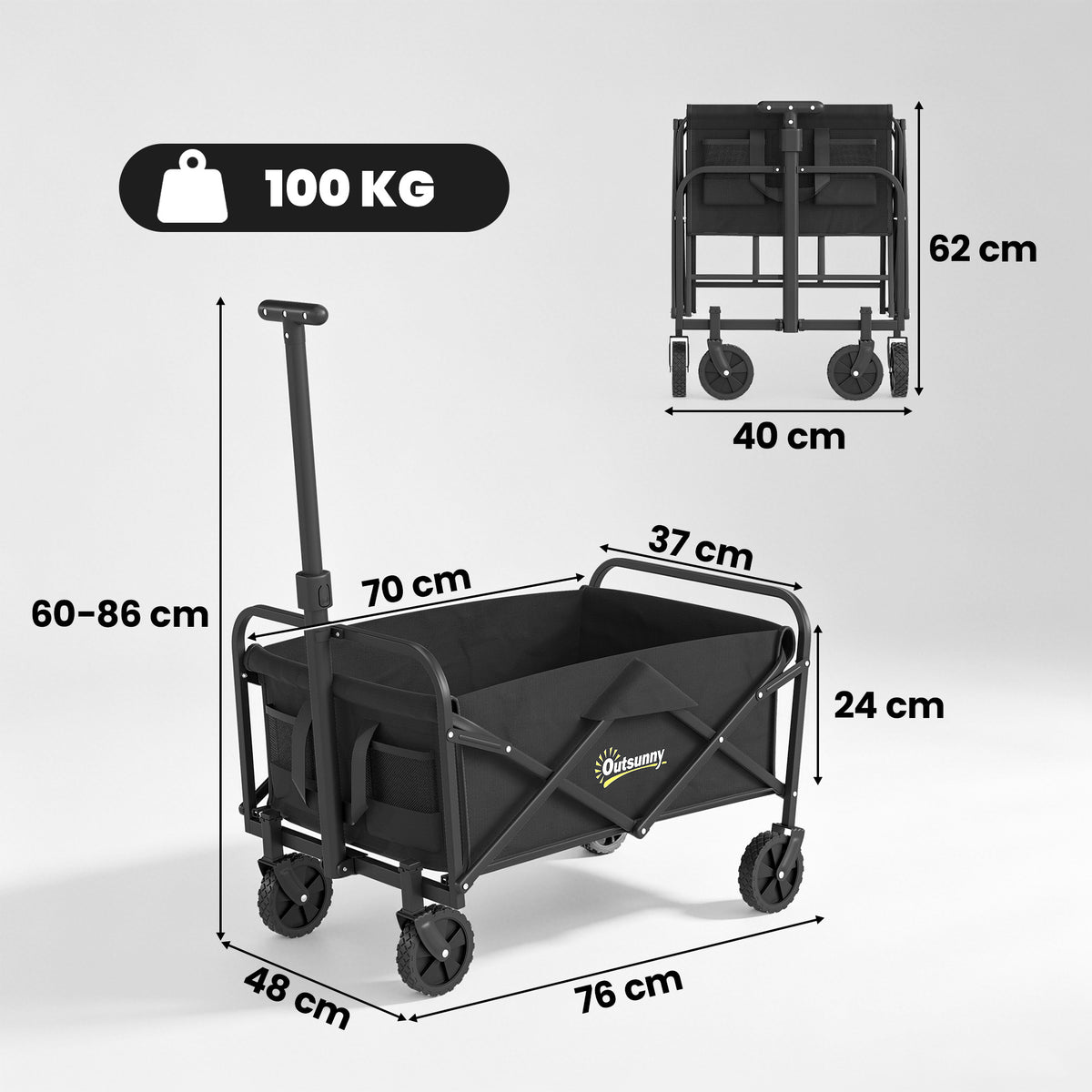 Outsunny 93L Festival Trolley on Wheels, Garden Folding Trolley Cart, 100kg Heavy Duty Collapsible Folding Wagon with Adjustable Handle and Carrying Bag for Beach, Camping, Festival, Black