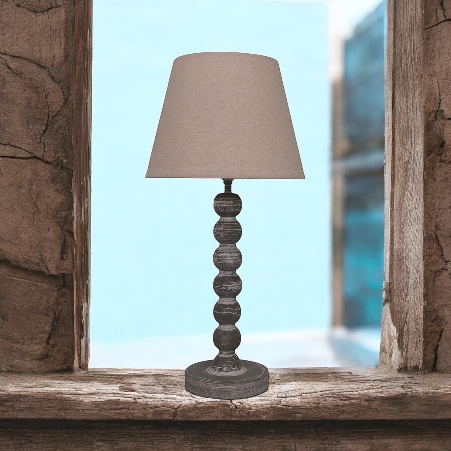 AcaciaHome Modern Tall Wooden Washed Table Lamp - Traditional Shabby Chic Design with Taupe Linen Shade, Wood Effect Finish for Living Rooms, Bedrooms, or Hallways Decor (42cm Dark Grey with Shade)