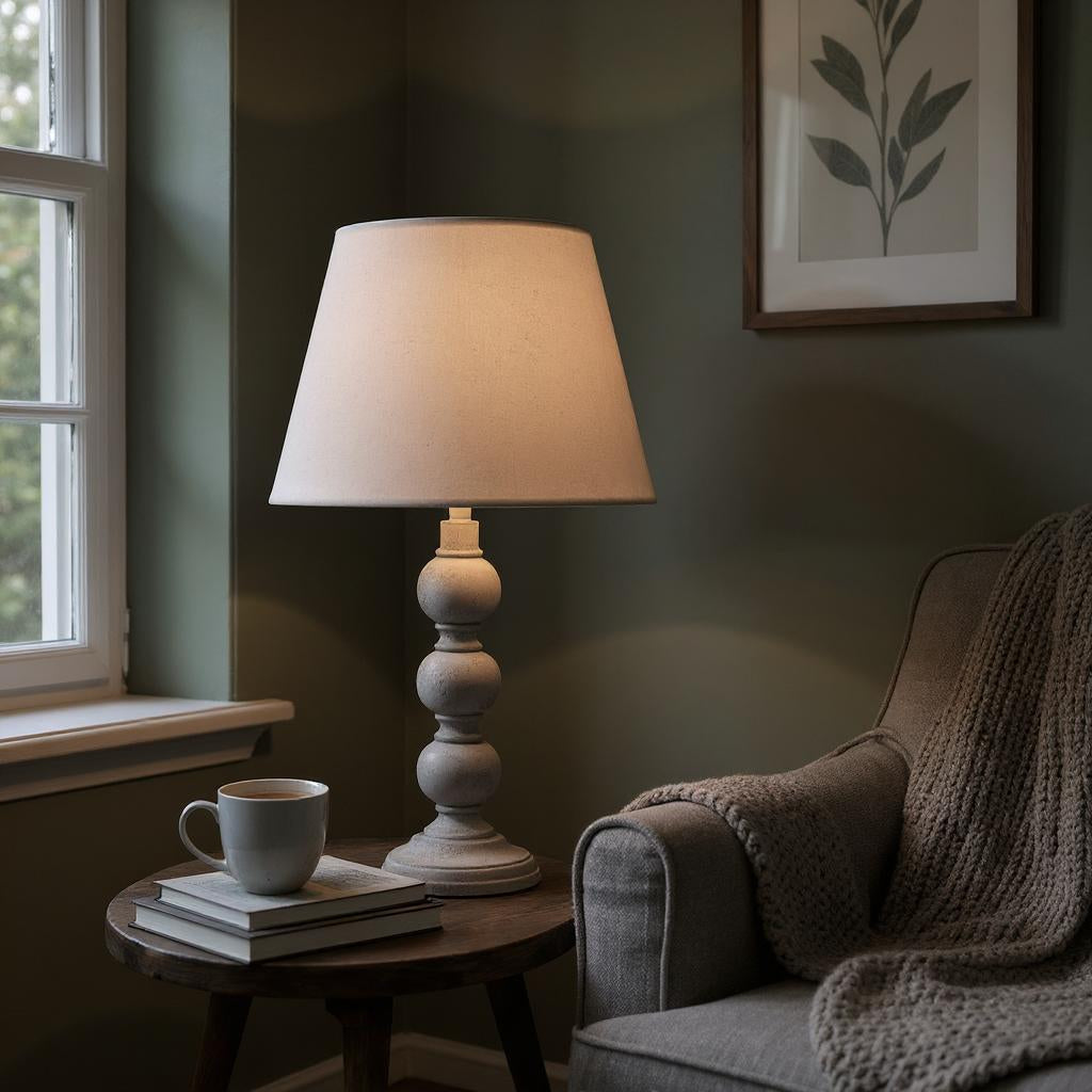 AcaciaHome Modern Tall Wooden Washed Table Lamp - Traditional Shabby Chic Design with Taupe Linen Shade, Wood Effect Finish for Living Rooms, Bedrooms, or Hallways Decor (31cm Grey with Cream Shade)