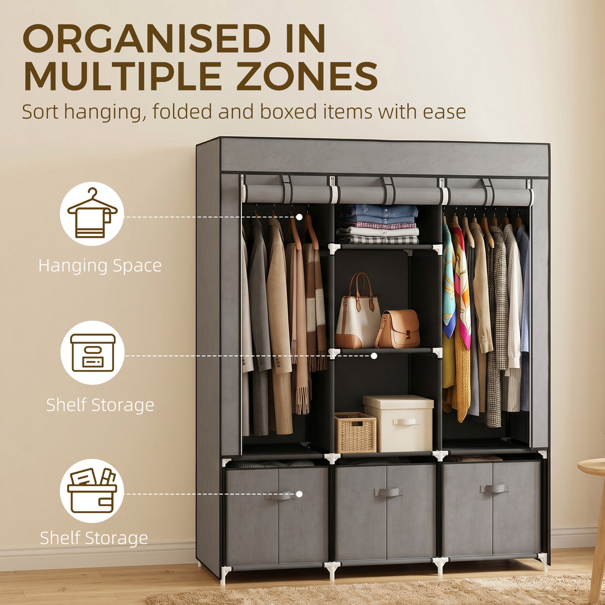 HOMCOM Foldable Fabric Wardrobe for Bedroom, Portable Wardrobe with 5 Shelves, 2 Hanging Rails and 3 Fabric Drawers, Dark Grey