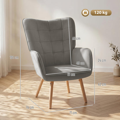 HOMCOM Modern Accent Chair, Upholstered High Back Armchair with Tufted Wingback, Seat Padding, Velvet Leisure Lounge Bedroom Chair with Wood Legs, Grey