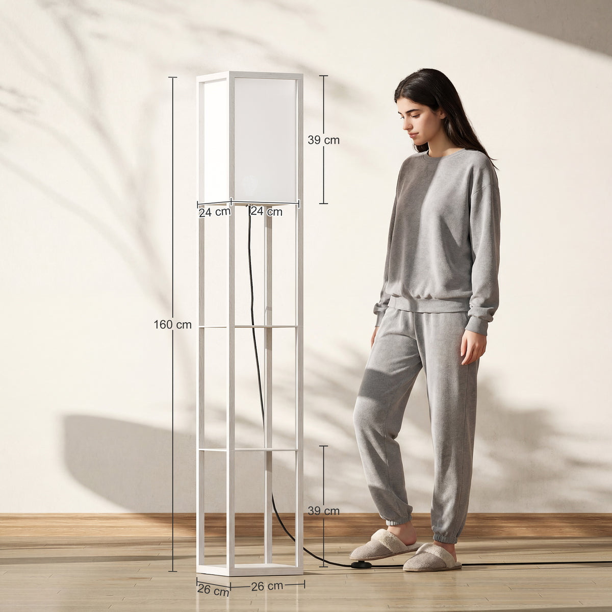 HOMCOM 3-Tier Floor Lamp with Shelves and Storage, Modern Corner Standing Lamp with Lampshade, Foot Switch for Living Room, Bedroom, Home Office, Bulb not Included, White