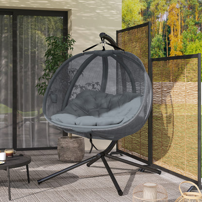 Outsunny Double Hanging Egg Chair 2 Seaters Texteline Swing Hammock Chair with Folding Design, Grey
